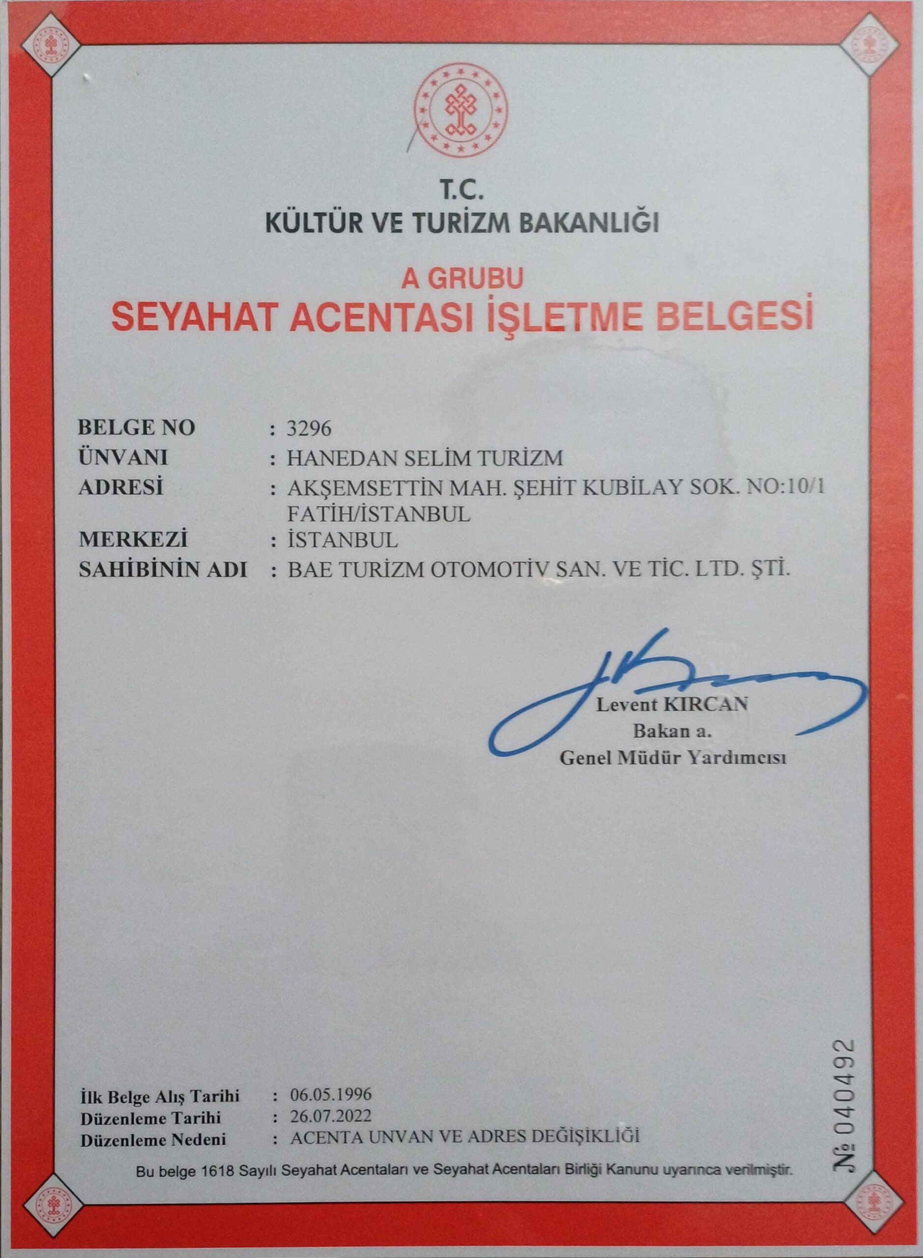 Seyahat Acentası İşletme Belgesi